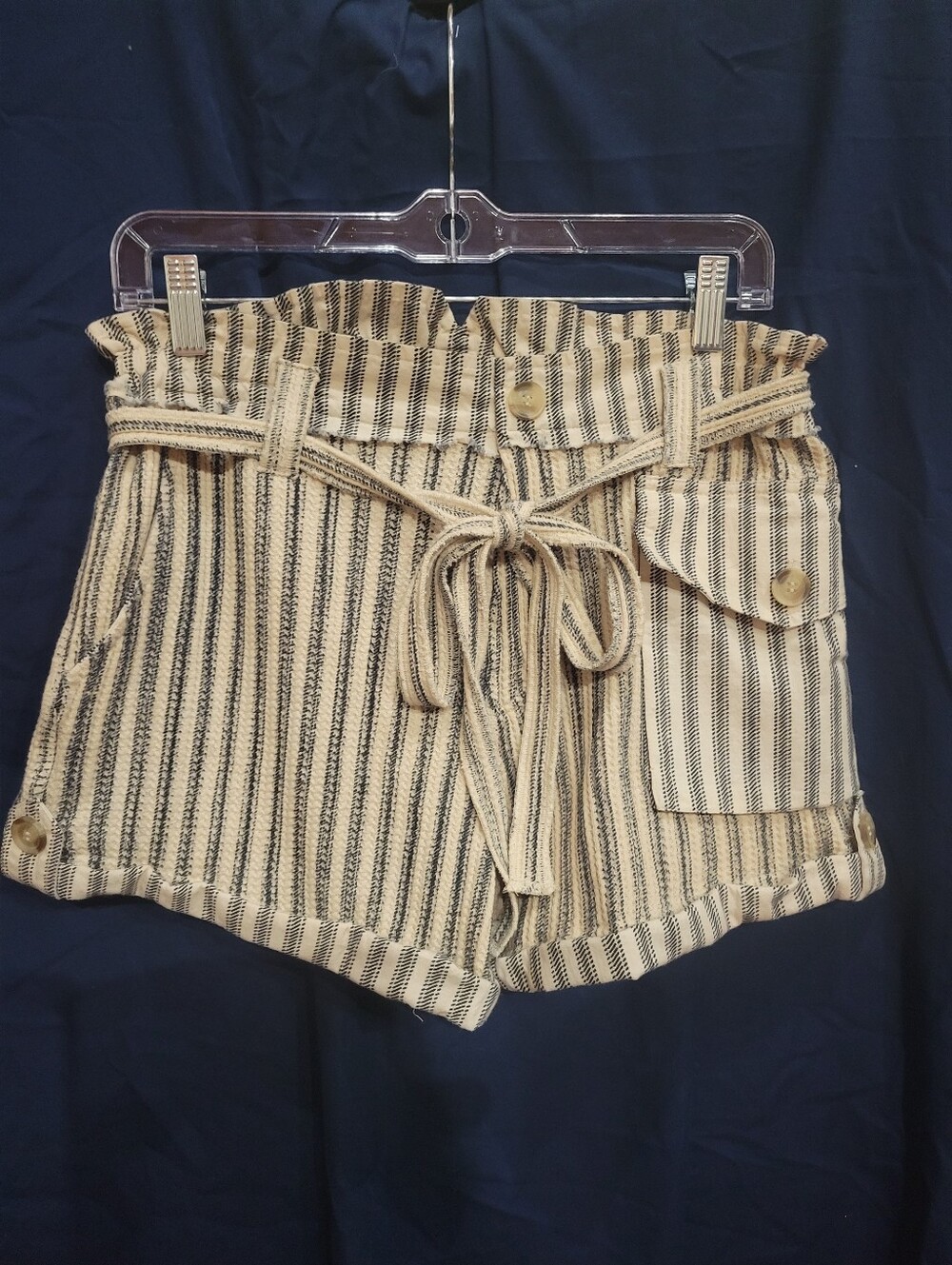 Free People Striped Paperbag Waist Tie-Front Women’s Shorts - Beige/Black